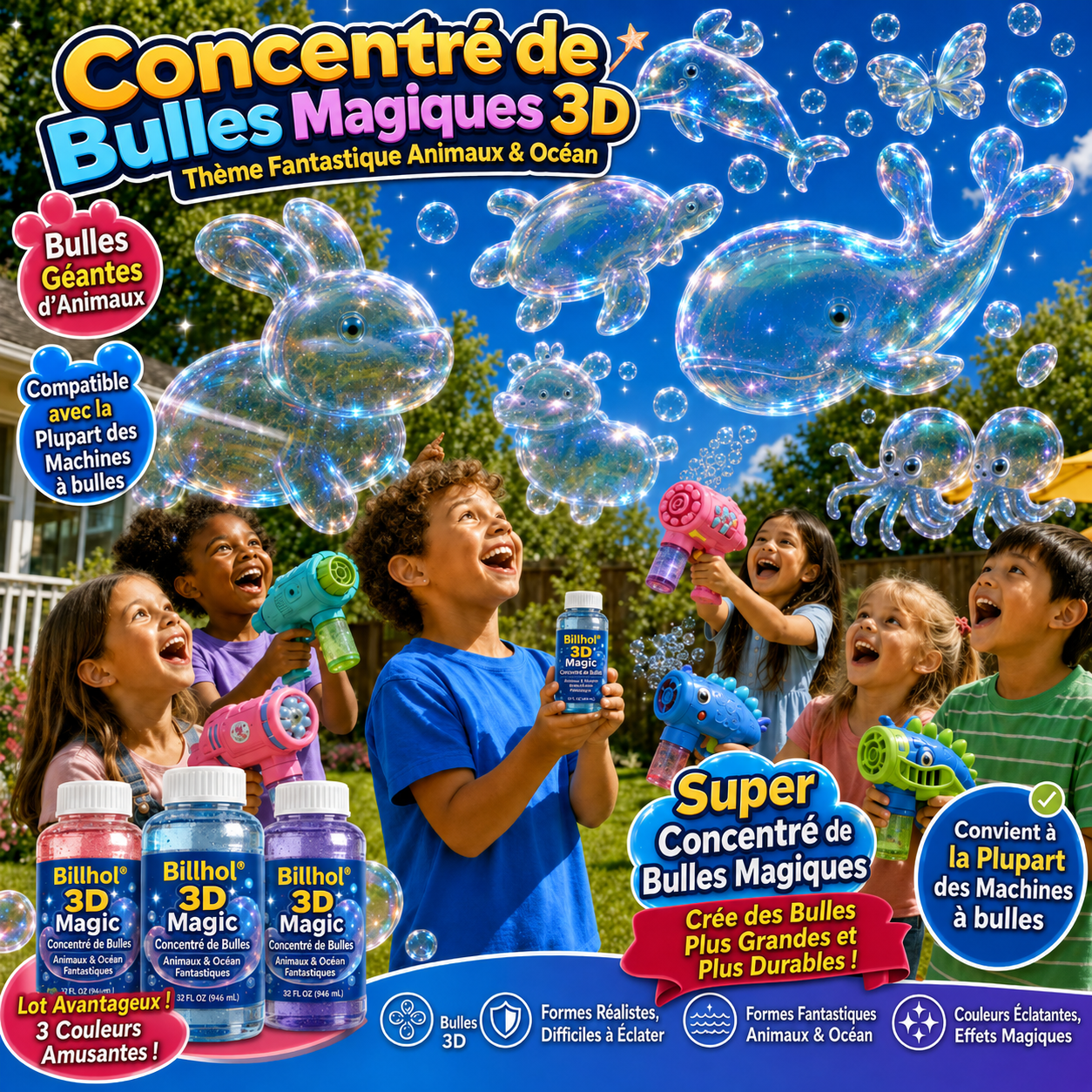 Billhol® Super Concentré à Bulles Magiques 3D — Thème Fantastique Animaux & Océan